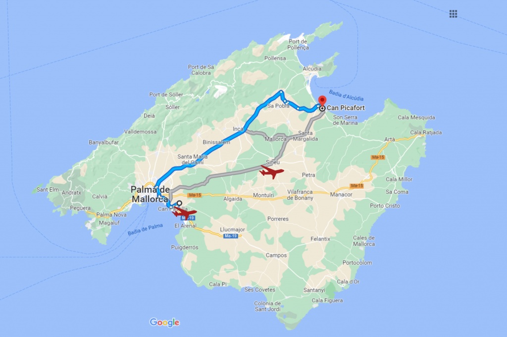 Google ruta para llegar a Can Picafort desde Palma de Mallorca